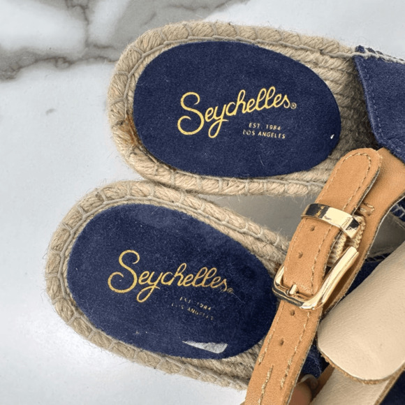 Seychelles Wedges Espadrille Sandals Suede Leather Size 8.5 Navy Blue Coastal Na - Picture 10 of 11